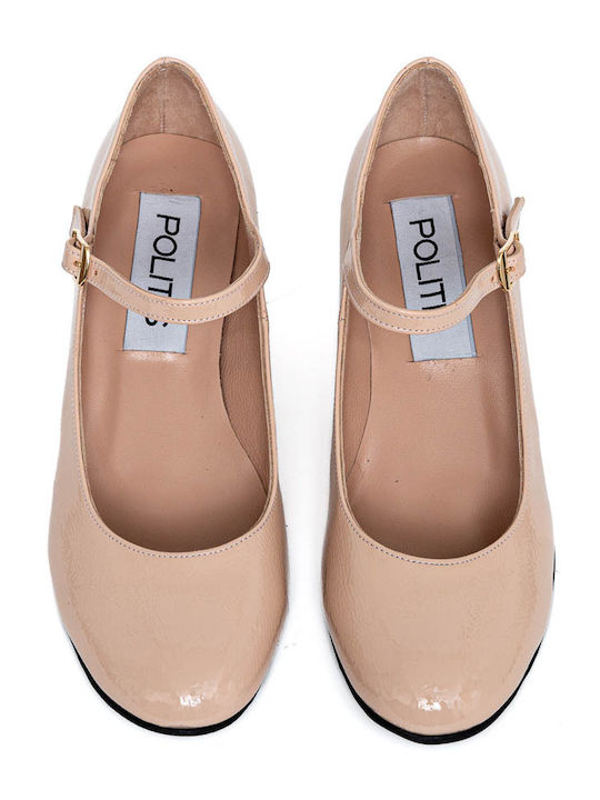 Anatomic Patent Leather Beige Medium Heels with Strap