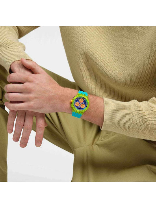Swatch Neon Wave Ceas Bărbătesc 42 mm Cronograf cu Baterie și Curea din Silicon Turcoaz