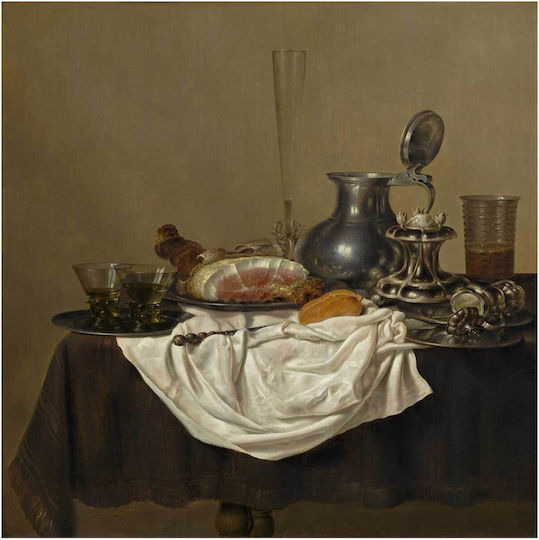 Still Life With Ham (1650) By Gerret Willemsz Heda Tablou pe Pânză 110x110cm