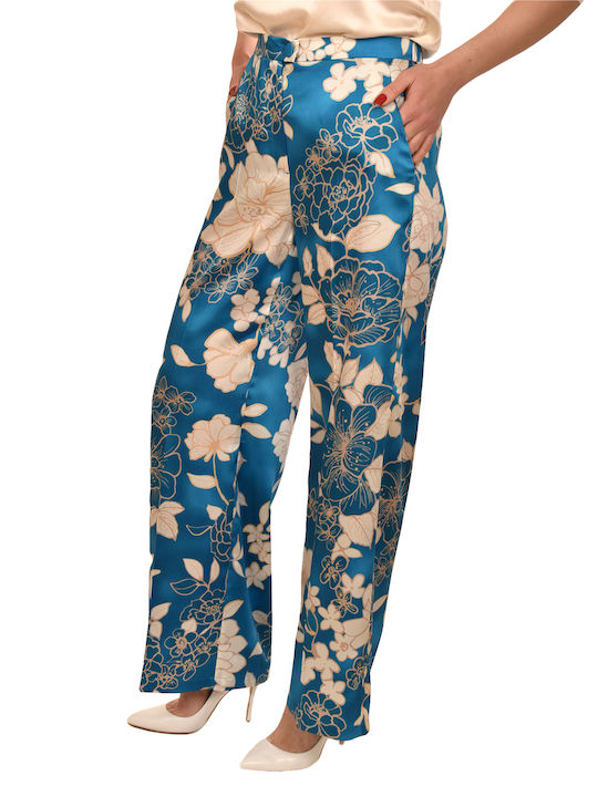 Emme Marella Women's Satin Trousers Floral White/electric Blue