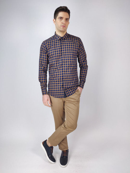 Endeson Fashion Men's Shirt Long Sleeve Cotton Checked CAFE