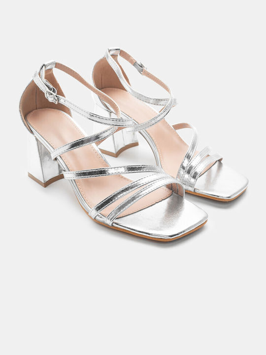 Luigi Synthetic Leather Women's Sandals with Ankle Strap Silver with Medium Heel