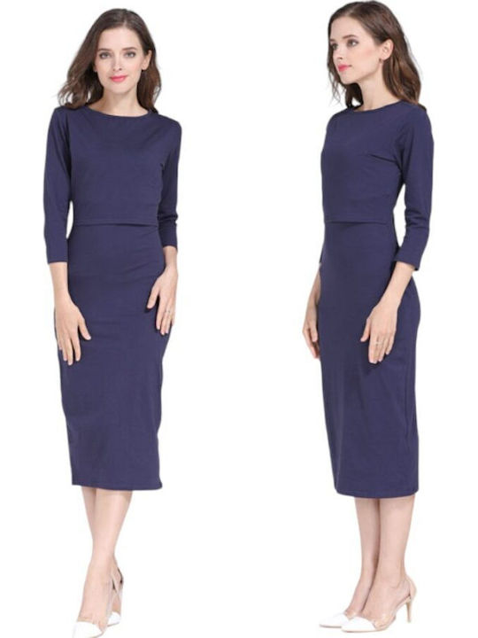Winter Cotton Long Sleeve Maternity Midi Dress Blue Regular Fit