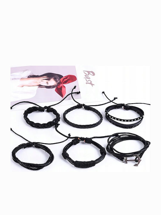 Men's Bracelet Set with Anchor Design Made of Leather 21cm