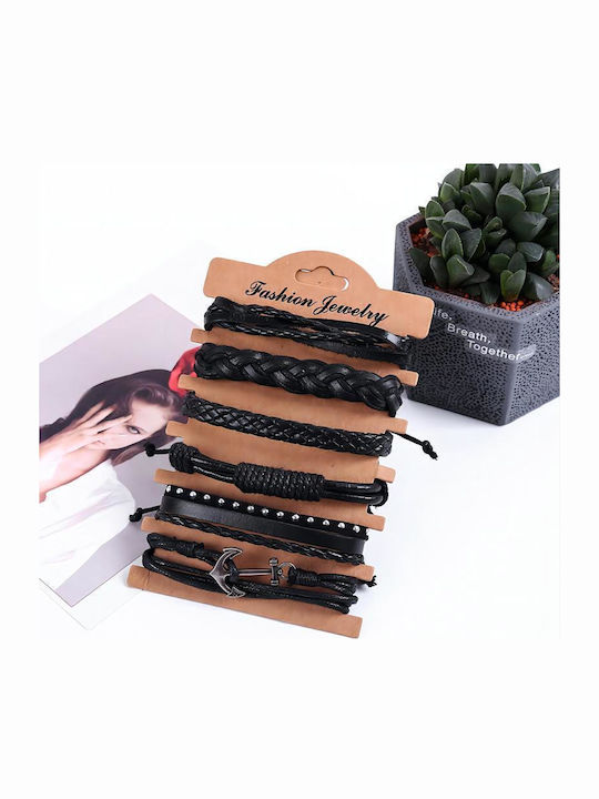 Men's Bracelet Set with Anchor Design Made of Leather 21cm