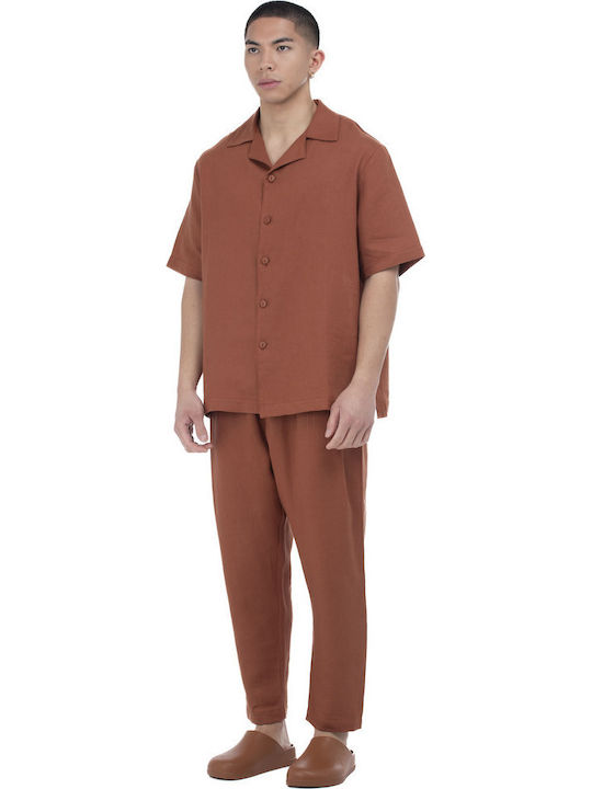 Short-sleeved Linen Shirt in Wide Line Red