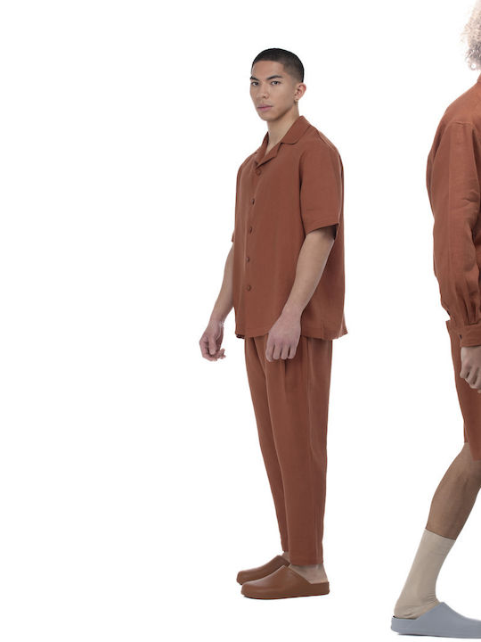 Short-sleeved Linen Shirt in Wide Line Red