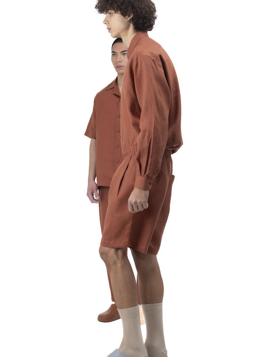 Short-sleeved Linen Shirt in Wide Line Red