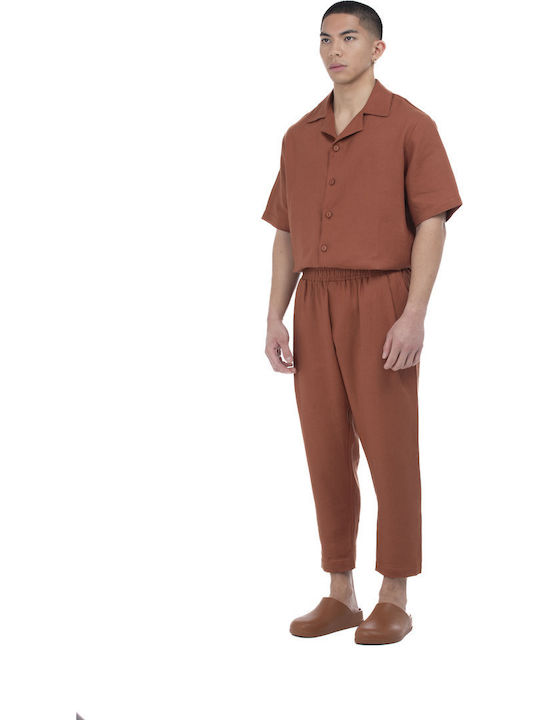 Short-sleeved Linen Shirt in Wide Line Red