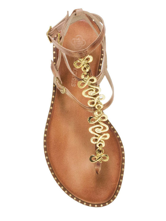 Makis Kotris Leather Women's Flat Sandals in Beige Color