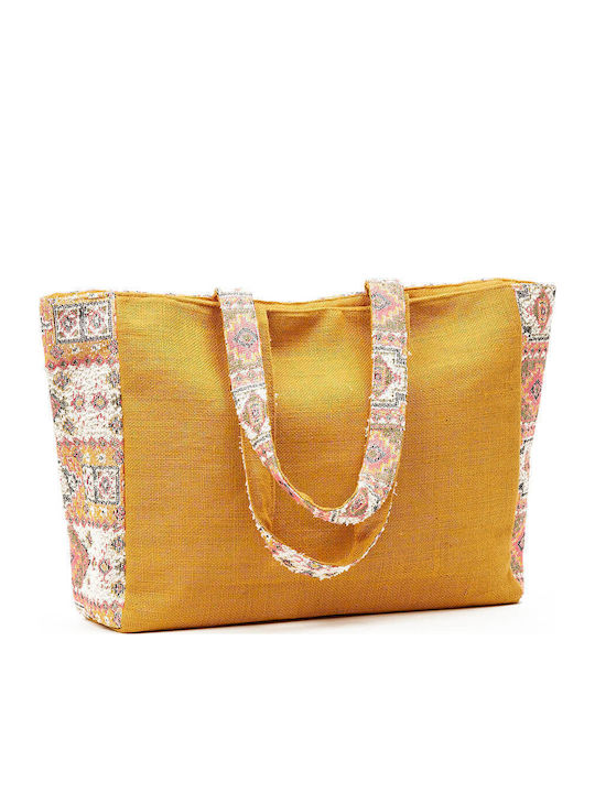 Verde Women's Beach Bag 14-0232 Jute & Jacquard Yellow