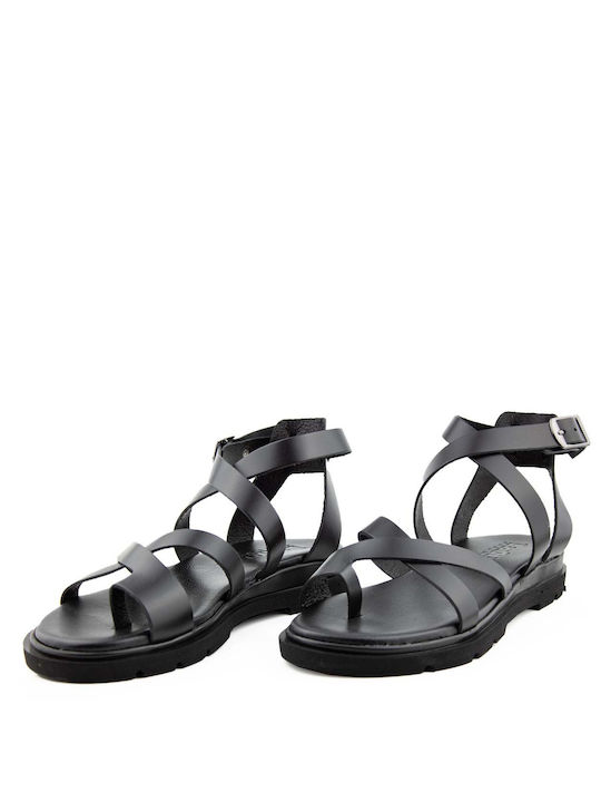 Lady Shoes Leather Women's Flat Sandals in Black Color