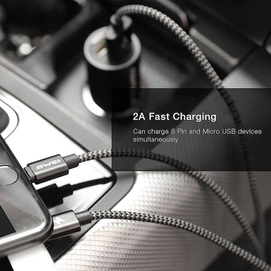 Car Charger Fast Charging with 2xUSB-A Ports and Micro-USB / Lightning Cable Black Color