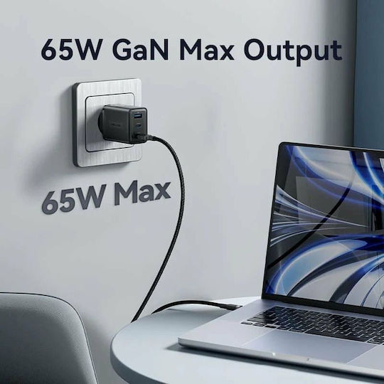 Vention Φορτιστής Χωρίς Καλώδιο GaN με Θύρα USB-A και 2 Θύρες USB-C 65W Μαύρος (FERB0-EU)