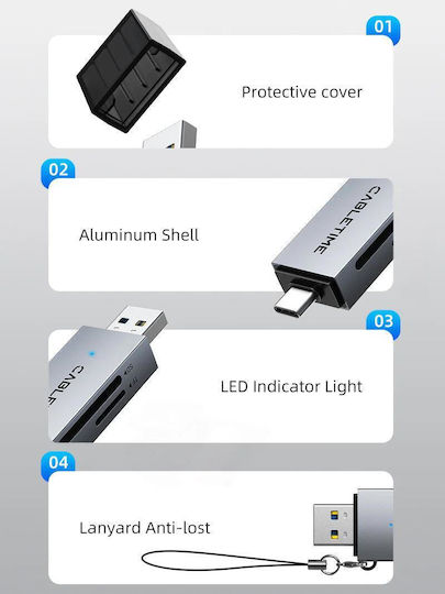 Cabletime Card Reader USB 3.0 Type-C για SD/microSD Γκρι