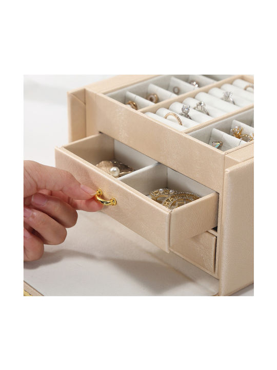 Fabric Jewellery Box with Drawer & Gold Mirror 17.5x13.5x12cm