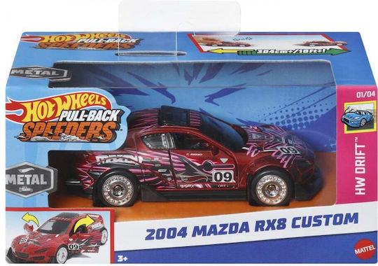 Hot Wheels Mașină metalică cu mecanism de tragere înapoi Mazda 2004 Rx8, scară personalizată 1:43
