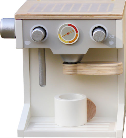 Mașină de cafea din lemn pentru copii, cu ceașcă albă și gri