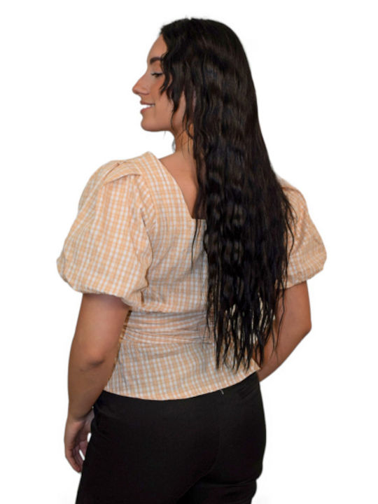Morena Spain Women's Blouse Cotton Short Sleeve Checked Beige