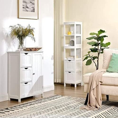 Songmics Floor Bathroom Shelf Wooden with 3 Shelves 30x30x141.5cm White