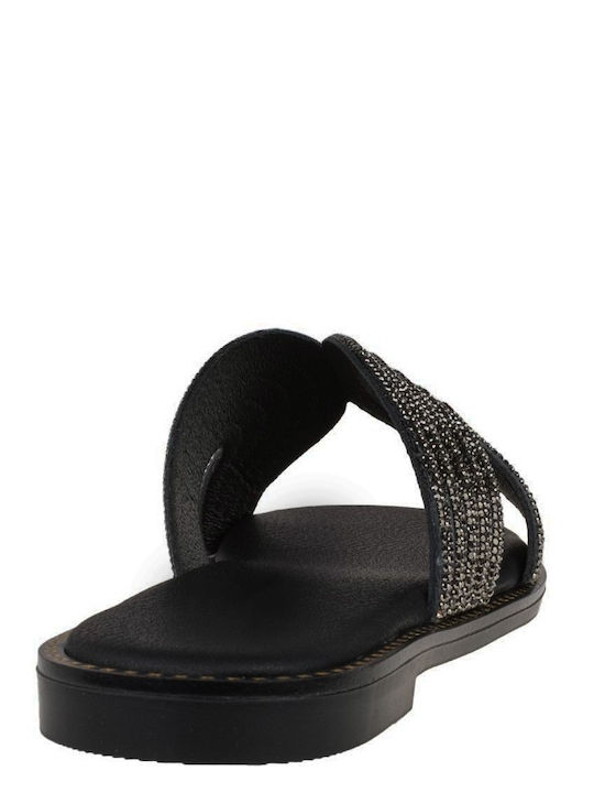 Leather Women's Flat Sandals in Black Color