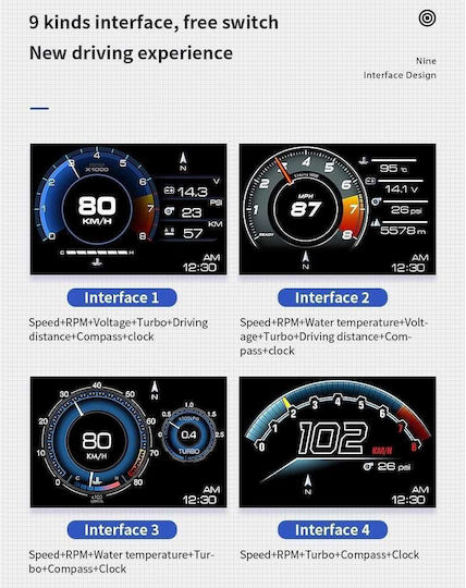 Car Dashboard Head Up Display, OBD2, Water Temperature, RPM Counter, Oil Temperature, Air-Fuel and Speedometer Analog Instrument 40mm