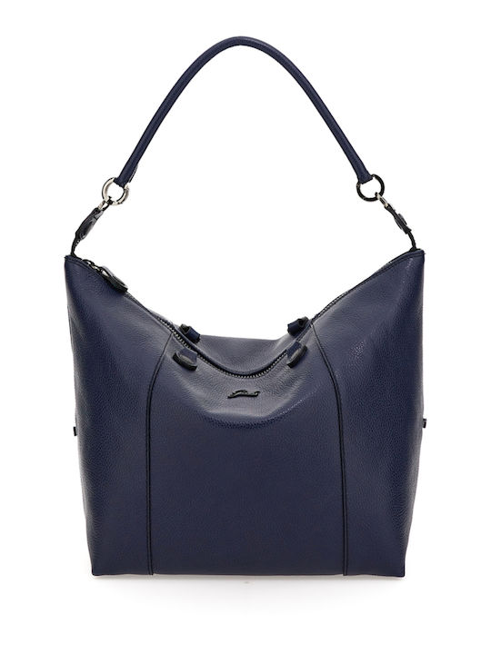 Δερμάτινη Γυναικεία Τσάντα Shopper Ώμου Navy Μπλε