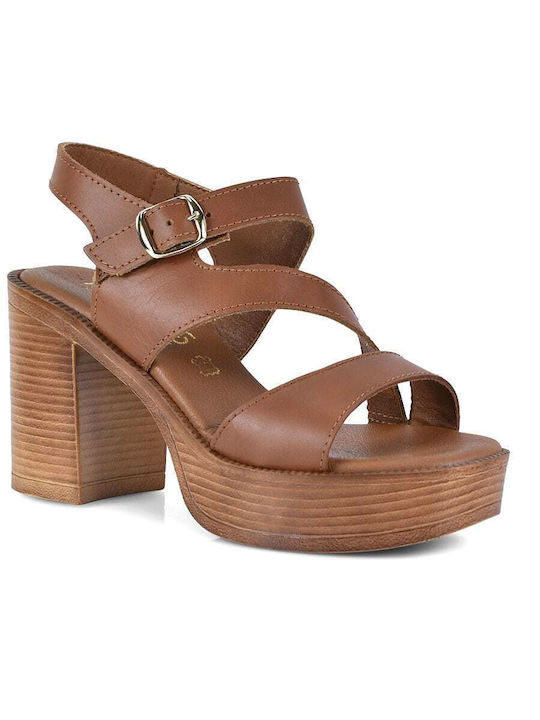 Harris Leather Women's Sandals Tabac Brown with High Heel