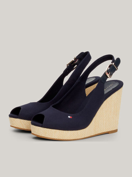 Women's Leather Ankle Strap Platforms Navy Blue