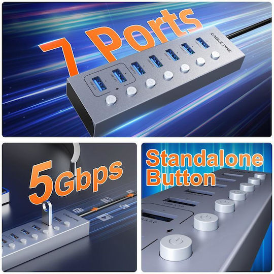 Cabletime USB 3.0 7 Port Hub with USB-A Connection Gray