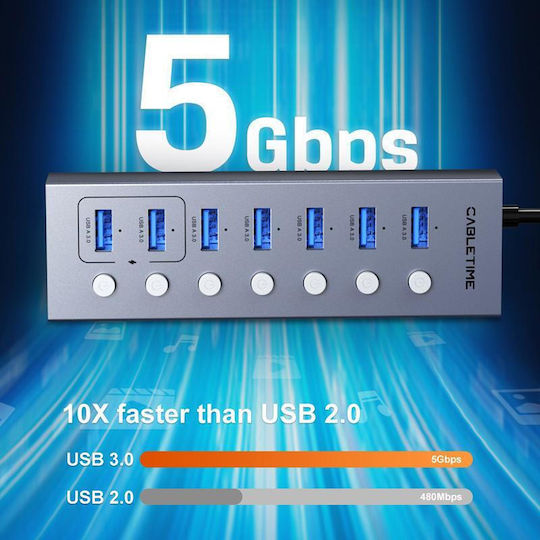 Cabletime USB 3.0 7 Port Hub with USB-A Connection Gray