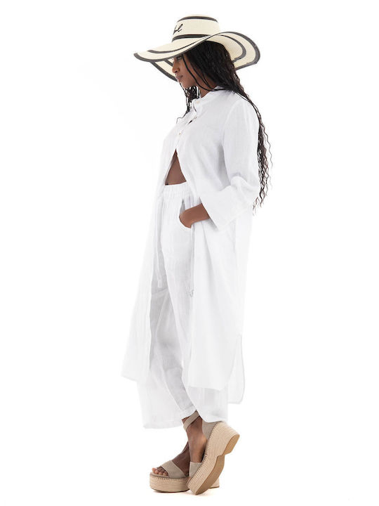 Black & Black Women's Linen Long Sleeve Shirt White