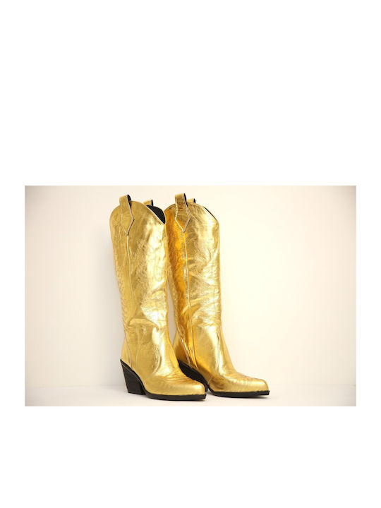 Anteos Leder Damenstiefel Cowboy mit mittlerem Absatz Gold