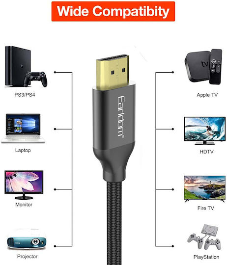 Earldom HDMI 1.4 High Speed 1080p 120Hz Braided Cable HDMI male - HDMI male 3m Μαύρο