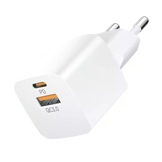 Wozinsky Charger Without Cable with USB-A Port and USB-C Port 20W Power Delivery / Quick Charge 3.0 Whites (CMWCW)