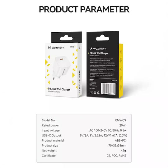 Wozinsky Charger Without Cable with USB-C Port 20W Power Delivery White (CMWCS)