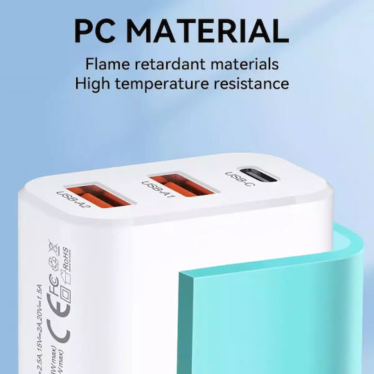 Wozinsky Încărcător Fără Cablu cu 2 Porturi USB-A și Port USB-C 30W Albς (CWCUCW)