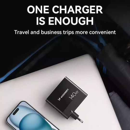 Wozinsky Charger Without Cable GaN with 2 USB-A Ports and 3 USB-C Ports 140W Blacks (CGWCB)