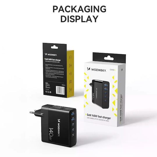 Wozinsky Charger Without Cable GaN with 2 USB-A Ports and 3 USB-C Ports 140W Blacks (CGWCB)