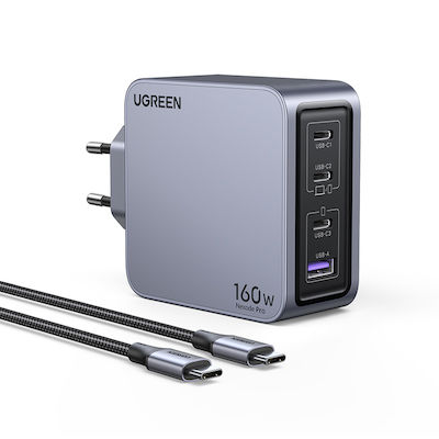 Ugreen Зарядно GaN (Галуниев нитрид) с USB-A порт и 3 USB-C порта и кабел USB-C - USB-C 160W Доставка на енергия Черно (Nexode Pro)