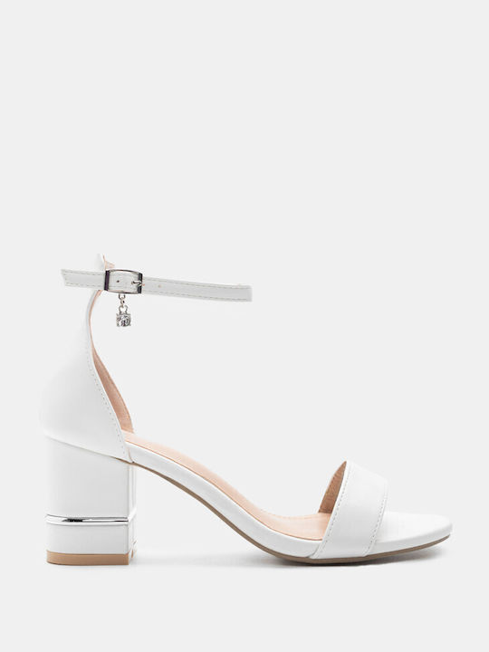 Luigi Synthetic Leather Women's Sandals with Ankle Strap White with Medium Heel