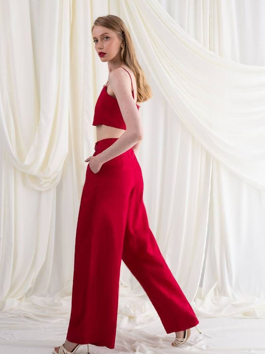 Linen High-Waisted Red Palazzo Pants Yasmine Mind Matter Red