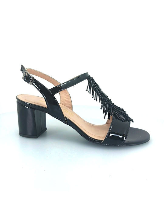 Boxer Patent Leather Women's Sandals Black with Medium Heel