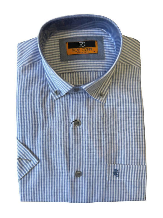 Poligianni Men's Shirt Short Sleeve Cotton Checked Plaid Blue