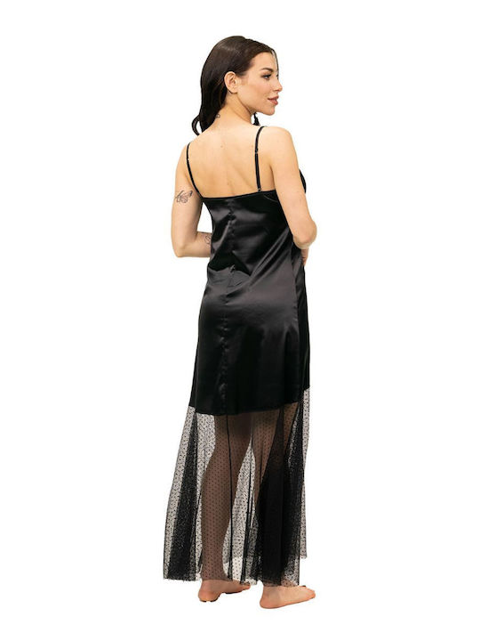 Miss Rosy Women's Satin Buttoned Long Tulle Nightgown Black