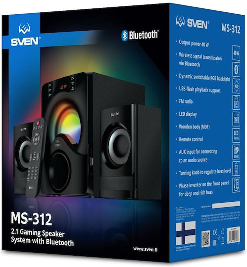 Sven MS-312 Ασύρματα Ηχεία Υπολογιστή 2.1 με RGB Φωτισμό και Bluetooth Ισχύος 20W σε Μαύρο Χρώμα