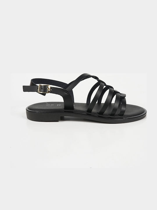 Leather Women's Flat Sandals in Black Color
