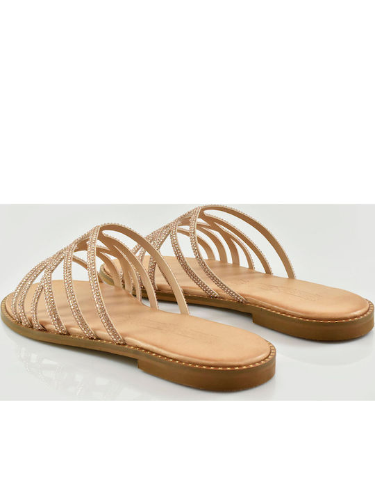Leather Women's Flat Sandals in Gold Color