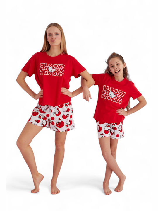 Siyah Inci Summer Women's Pyjama Set Cotton Red