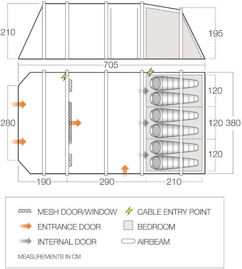 Vango Cort De Camping Tunel Gonflabil Gri Cu Dublu Material Pentru 6 Persoane 705x380x210cm